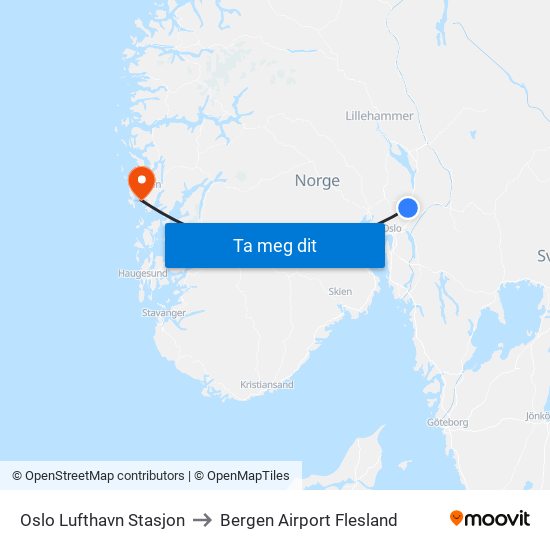 Oslo Lufthavn Stasjon to Bergen Airport Flesland map