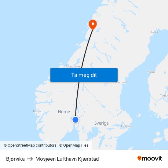 Bjørvika to Mosjøen Lufthavn Kjærstad map