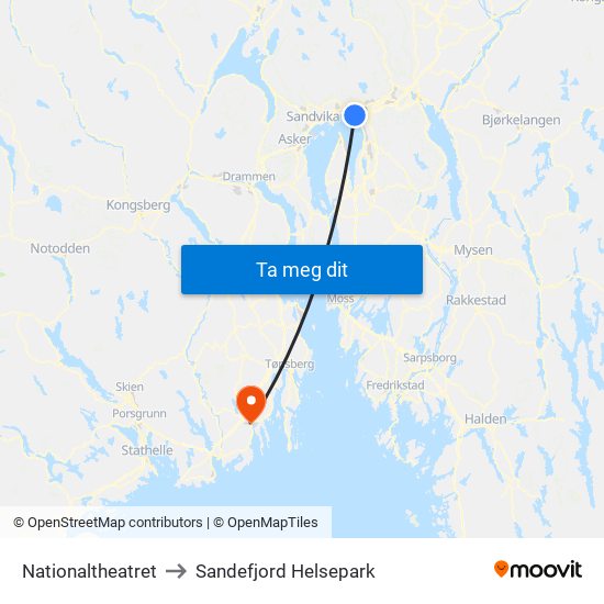 Nationaltheatret to Sandefjord Helsepark map