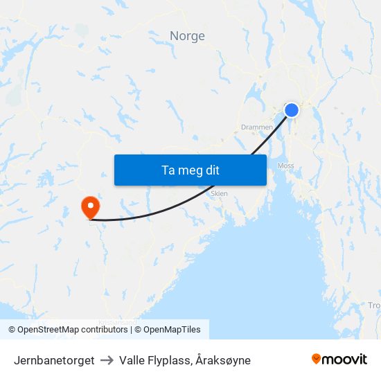 Jernbanetorget to Valle Flyplass, Åraksøyne map