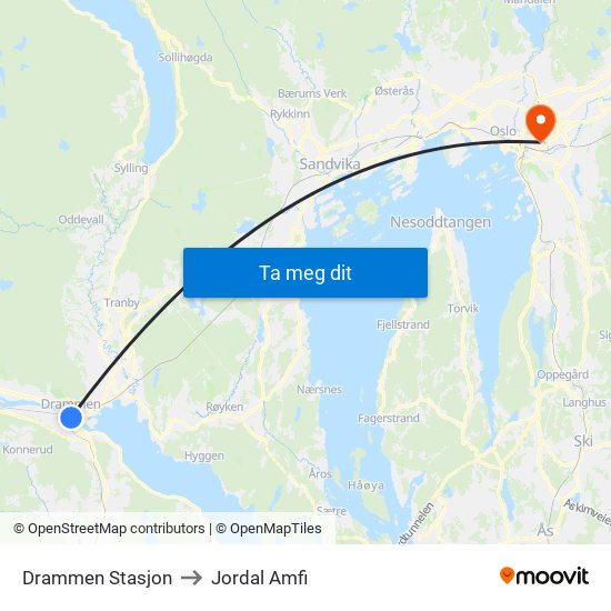 Drammen Stasjon to Jordal Amfi map