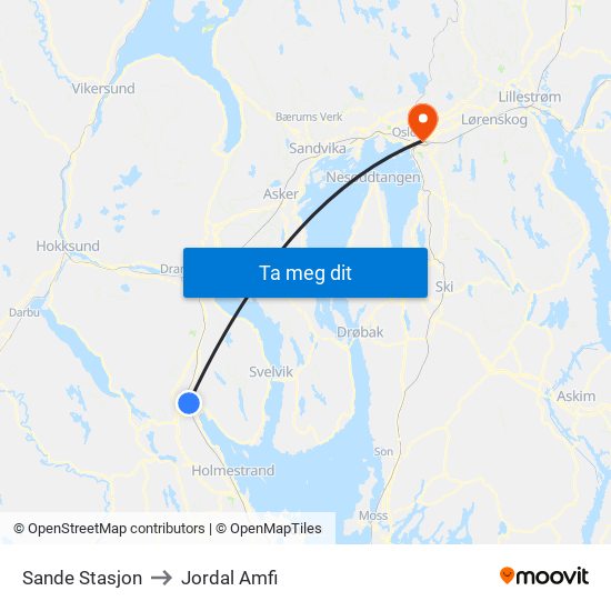 Sande Stasjon to Jordal Amfi map