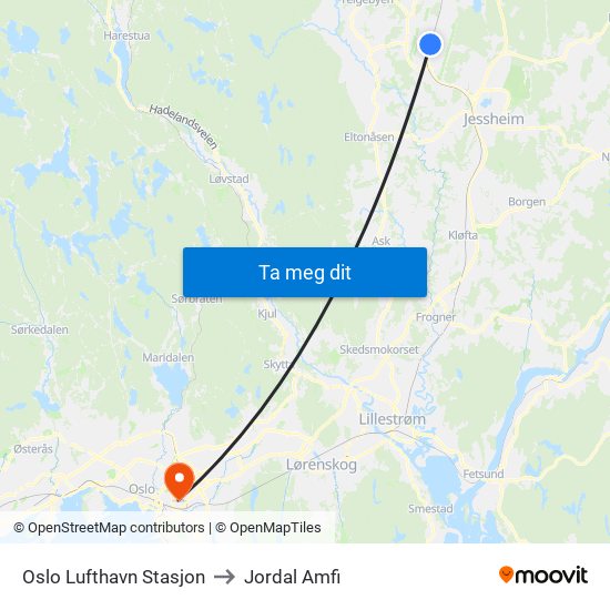 Oslo Lufthavn Stasjon to Jordal Amfi map