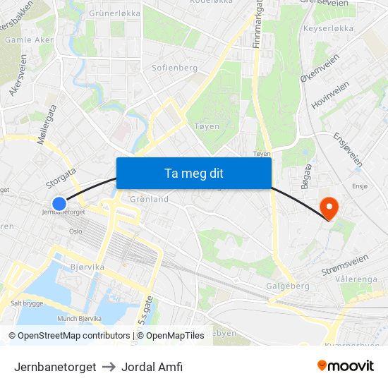 Jernbanetorget to Jordal Amfi map