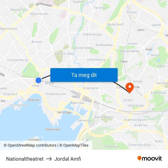Nationaltheatret to Jordal Amfi map