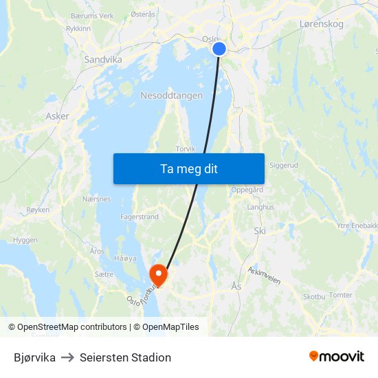 Bjørvika to Seiersten Stadion map
