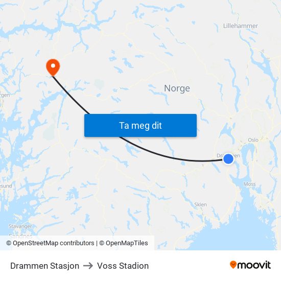 Drammen Stasjon to Voss Stadion map