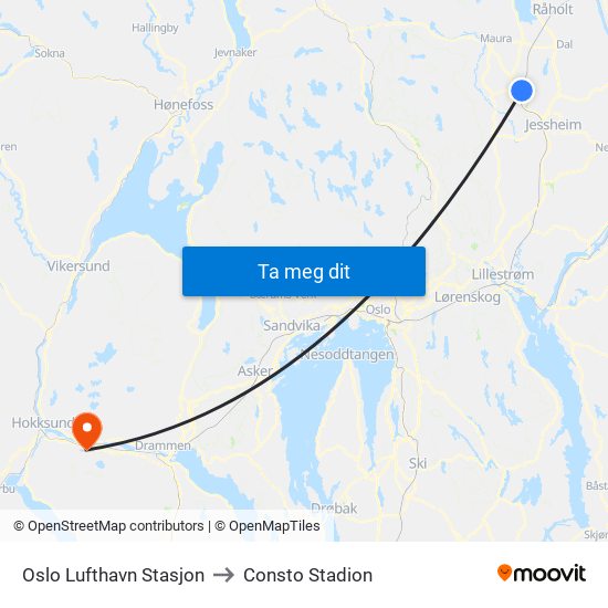 Oslo Lufthavn Stasjon to Consto Stadion map