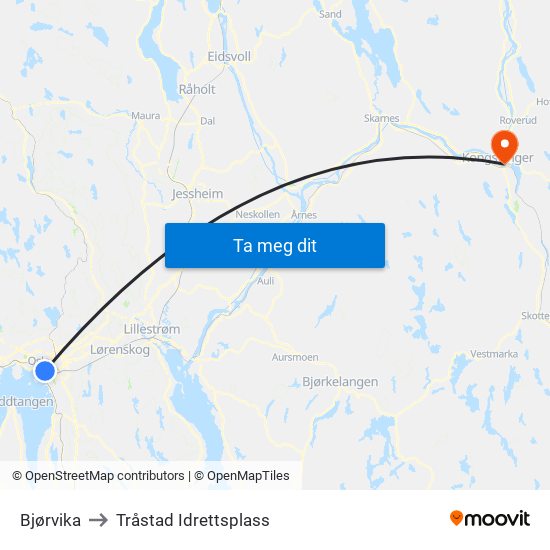 Bjørvika to Tråstad Idrettsplass map