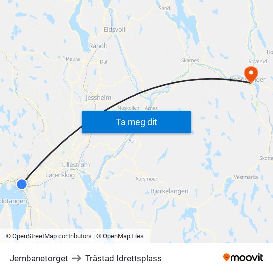 Jernbanetorget to Tråstad Idrettsplass map