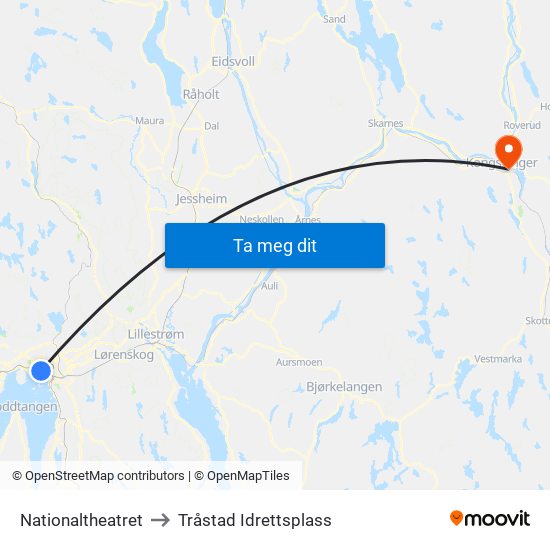 Nationaltheatret to Tråstad Idrettsplass map
