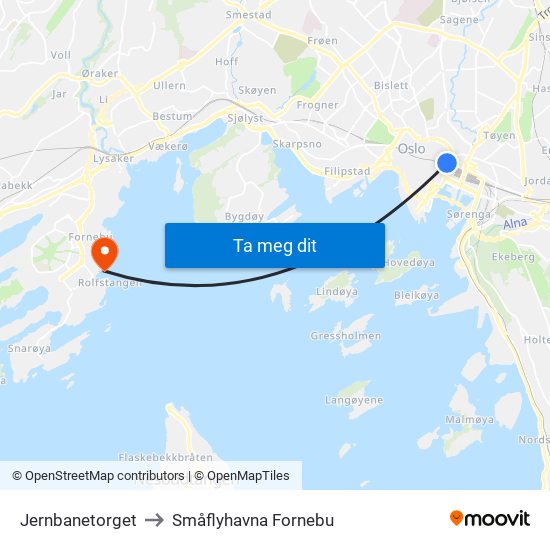 Jernbanetorget to Småflyhavna Fornebu map