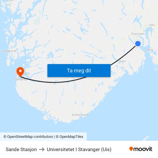 Sande Stasjon to Universitetet I Stavanger (Uis) map