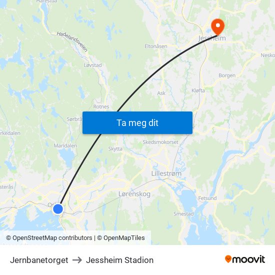 Jernbanetorget to Jessheim Stadion map