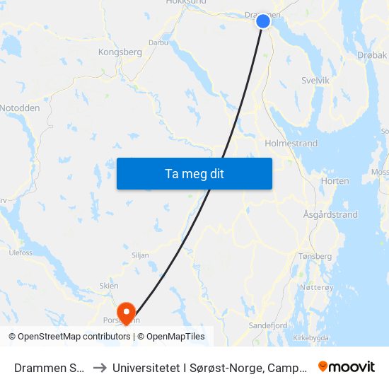 Drammen Stasjon to Universitetet I Sørøst-Norge, Campus Porsgrunn map