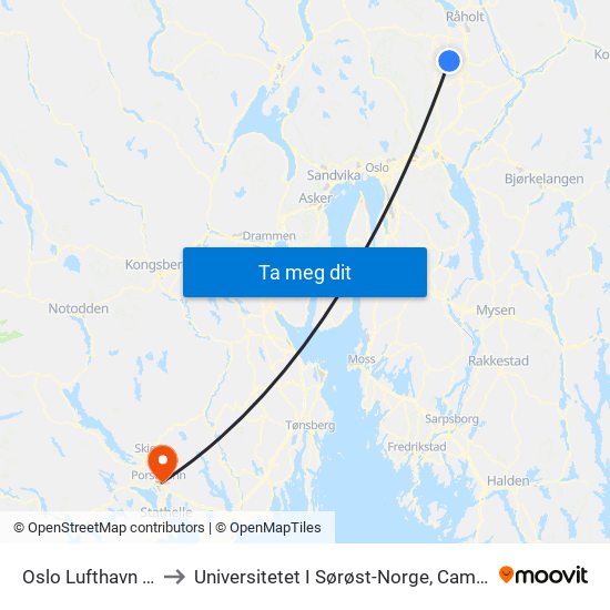 Oslo Lufthavn Stasjon to Universitetet I Sørøst-Norge, Campus Porsgrunn map