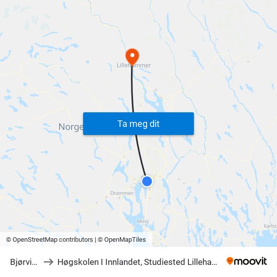 Bjørvika to Høgskolen I Innlandet, Studiested Lillehamar map