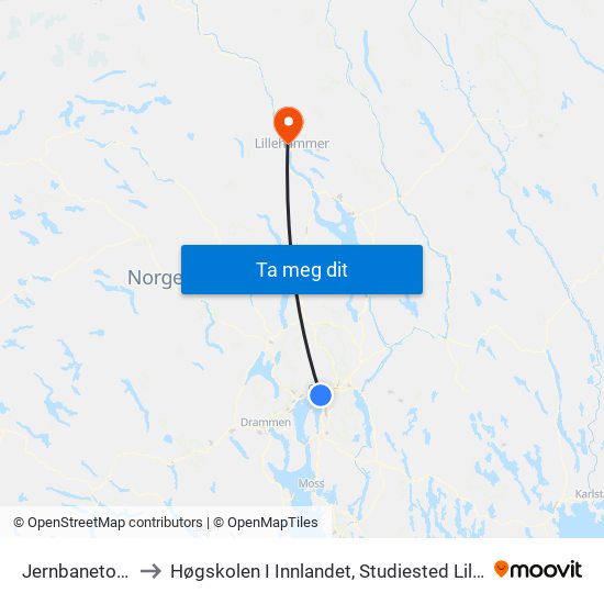 Jernbanetorget to Høgskolen I Innlandet, Studiested Lillehamar map