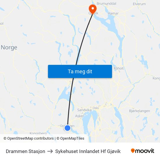 Drammen Stasjon to Sykehuset Innlandet Hf Gjøvik map