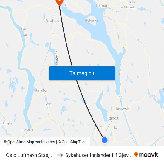 Oslo Lufthavn Stasjon to Sykehuset Innlandet Hf Gjøvik map