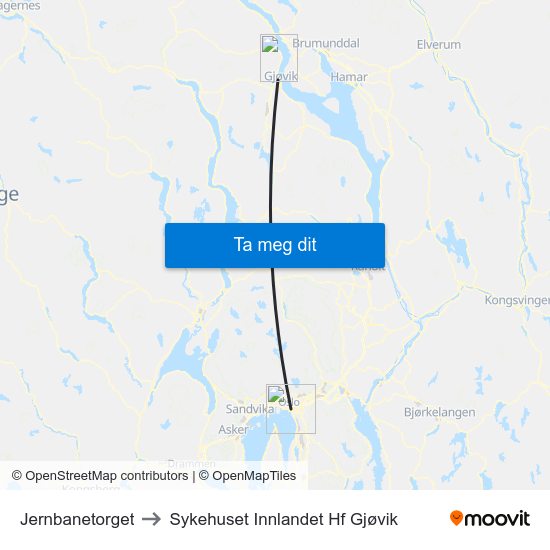 Jernbanetorget to Sykehuset Innlandet Hf Gjøvik map