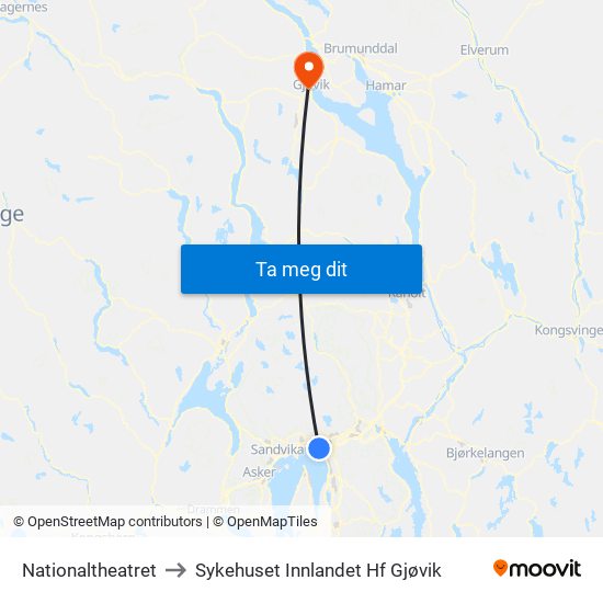 Nationaltheatret to Sykehuset Innlandet Hf Gjøvik map