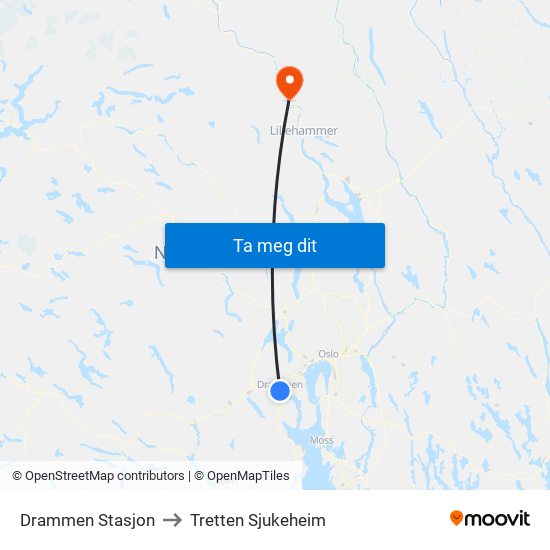 Drammen Stasjon to Tretten Sjukeheim map