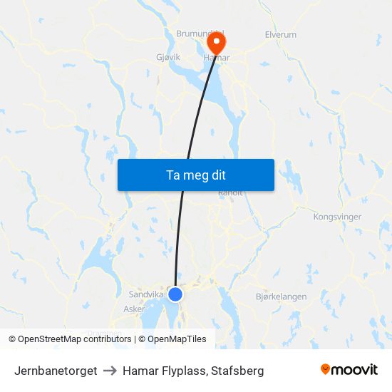 Jernbanetorget to Hamar Flyplass, Stafsberg map