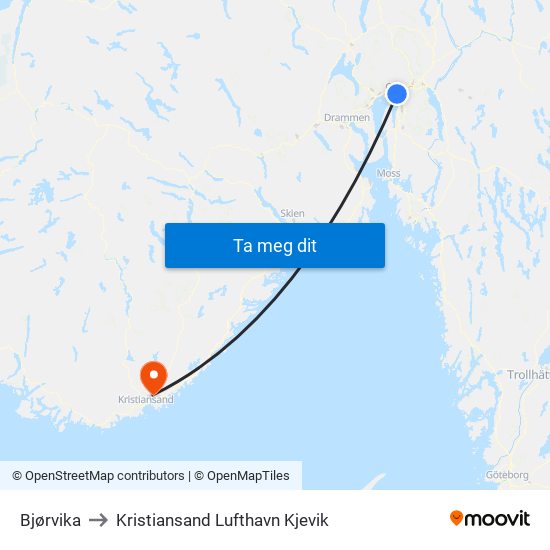 Bjørvika to Kristiansand Lufthavn Kjevik map