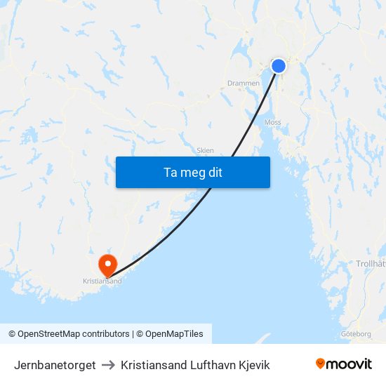Jernbanetorget to Kristiansand Lufthavn Kjevik map