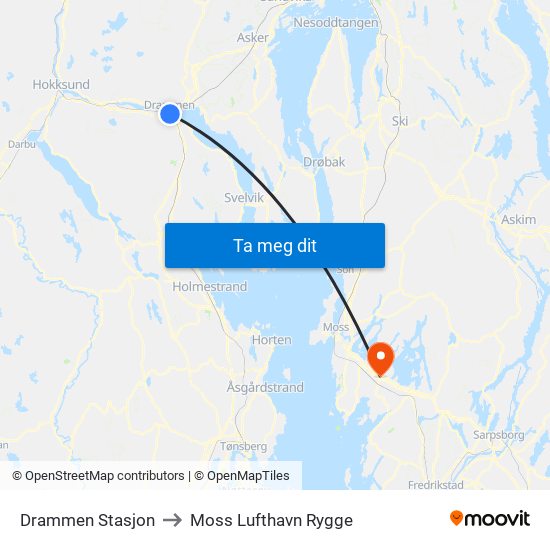 Drammen Stasjon to Moss Lufthavn Rygge map