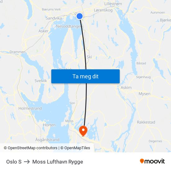 Oslo S to Moss Lufthavn Rygge map