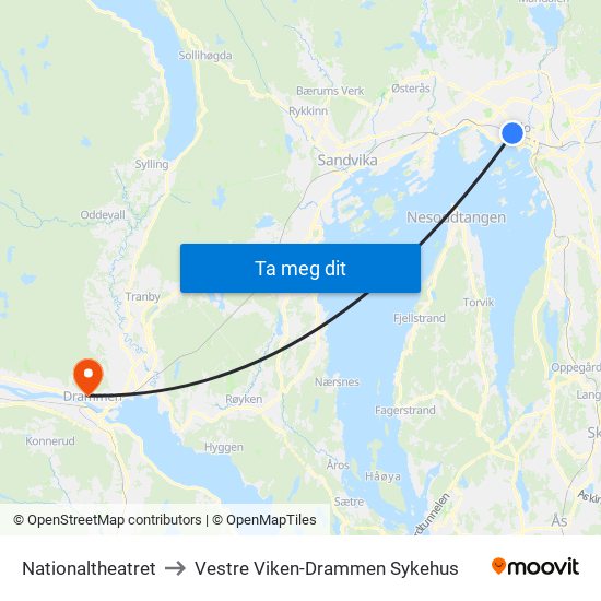 Nationaltheatret to Vestre Viken-Drammen Sykehus map