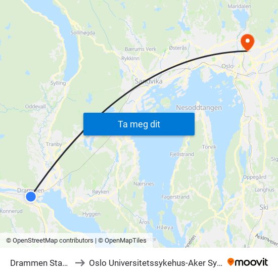 Drammen Stasjon to Oslo Universitetssykehus-Aker Sykehus map