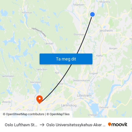 Oslo Lufthavn Stasjon to Oslo Universitetssykehus-Aker Sykehus map