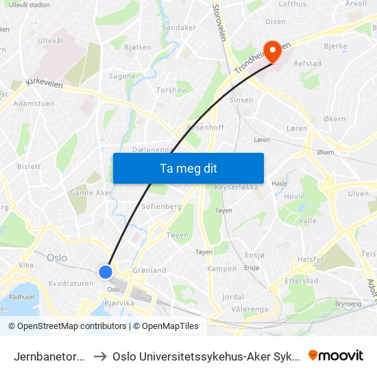 Jernbanetorget to Oslo Universitetssykehus-Aker Sykehus map