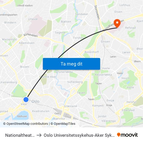 Nationaltheatret to Oslo Universitetssykehus-Aker Sykehus map