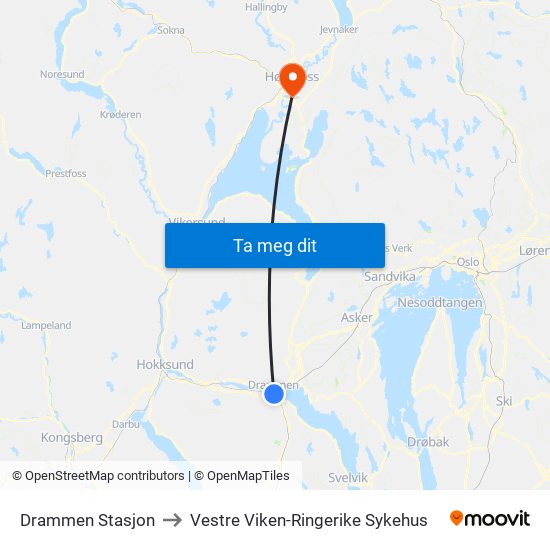 Drammen Stasjon to Vestre Viken-Ringerike Sykehus map