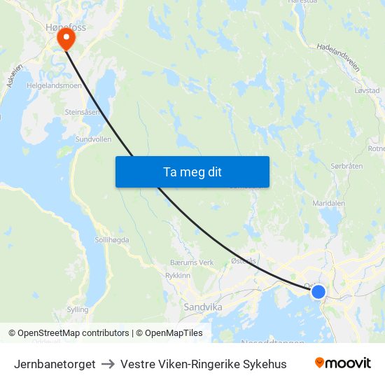 Jernbanetorget to Vestre Viken-Ringerike Sykehus map