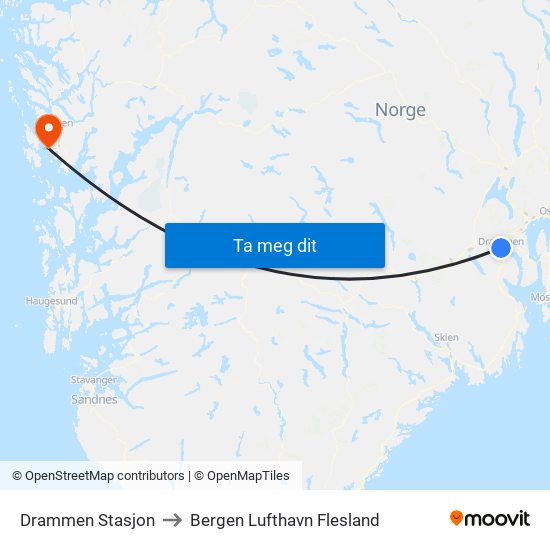 Drammen Stasjon to Bergen Lufthavn Flesland map