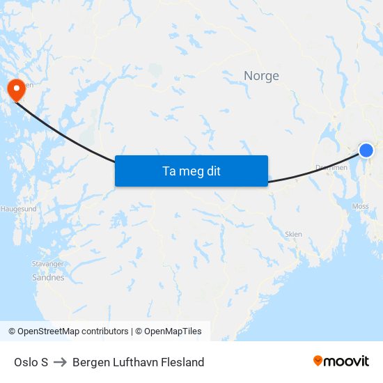 Oslo S to Bergen Lufthavn Flesland map