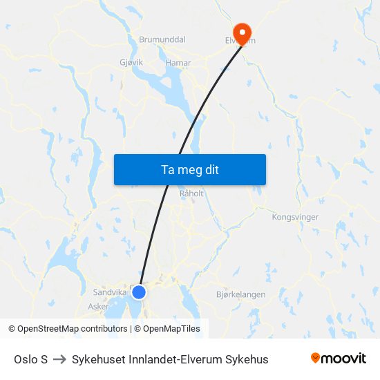Oslo S to Sykehuset Innlandet-Elverum Sykehus map