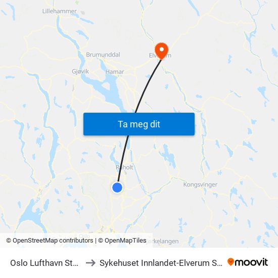 Oslo Lufthavn Stasjon to Sykehuset Innlandet-Elverum Sykehus map