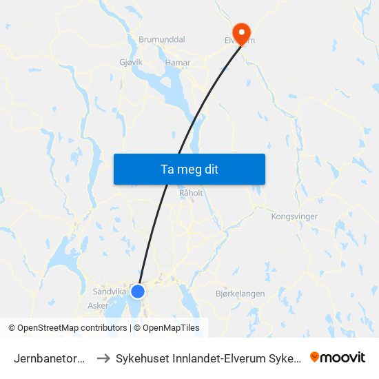 Jernbanetorget to Sykehuset Innlandet-Elverum Sykehus map