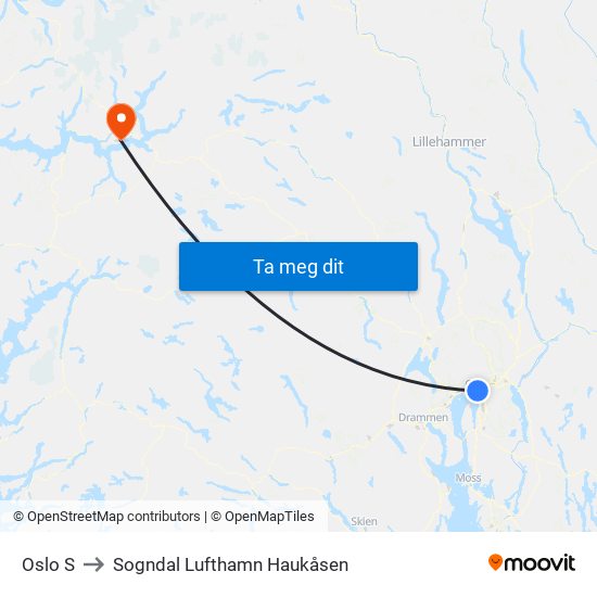 Oslo S to Sogndal Lufthamn Haukåsen map