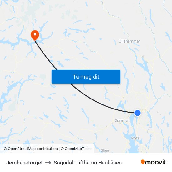 Jernbanetorget to Sogndal Lufthamn Haukåsen map