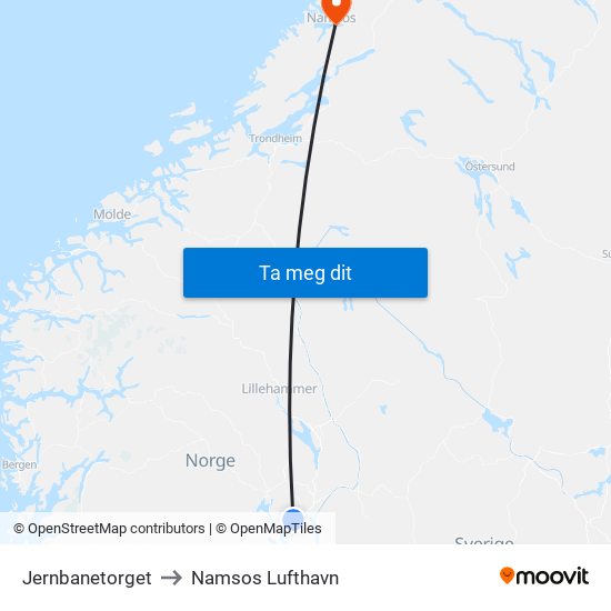 Jernbanetorget to Namsos Lufthavn map