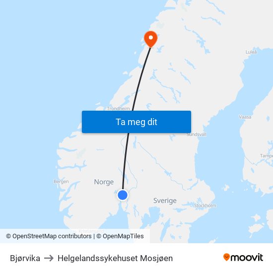 Bjørvika to Helgelandssykehuset Mosjøen map