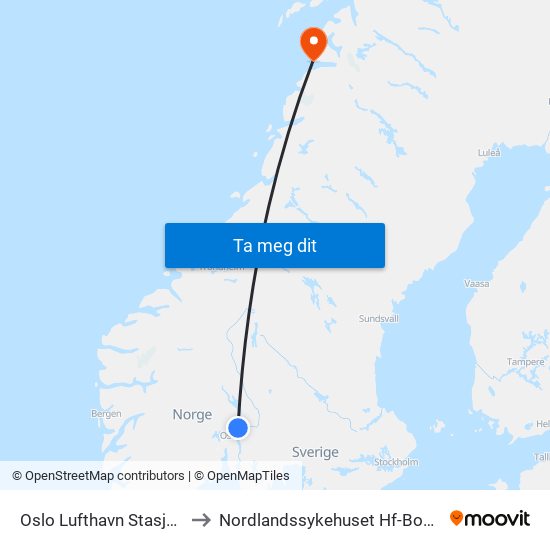 Oslo Lufthavn Stasjon to Nordlandssykehuset Hf-Bodø map