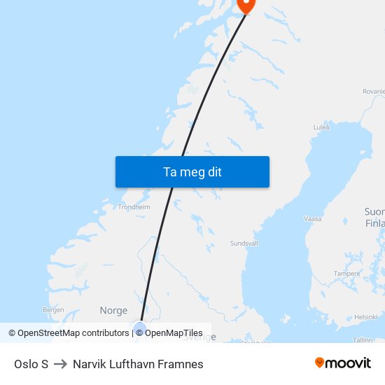 Oslo S to Narvik Lufthavn Framnes map